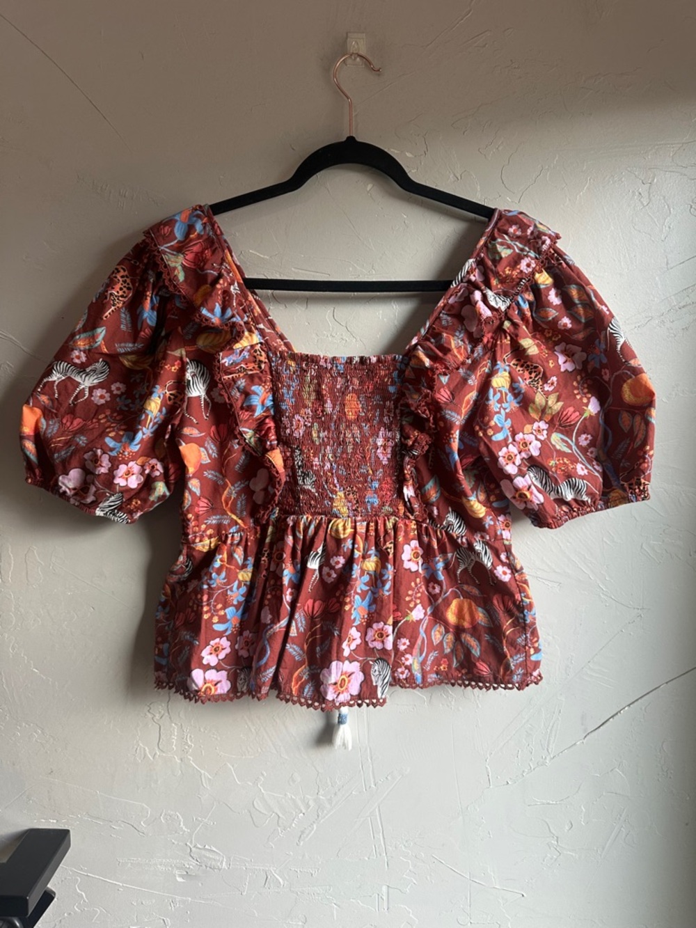 Maeve Anthropologie Zebra Floral Top Boho Cottagecore Puff Sleeve Peplum Sz m - Picture 2 of 10